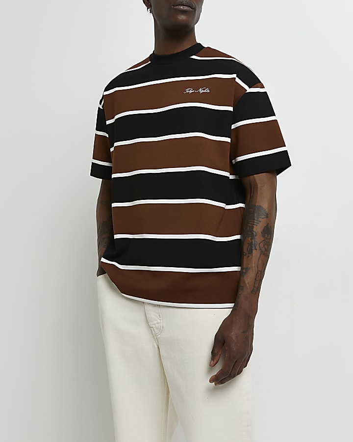 Brown oversized fit stripe t-shirt