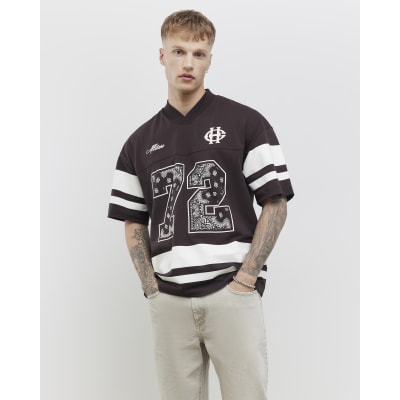 Brown Oversized Fit V Neck Sports T-Shirt