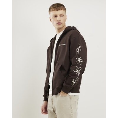 Brown Oversized Fit Zip Through Hoodie