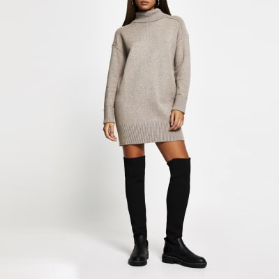 Brown oversized long sleeve jumper dress River Island