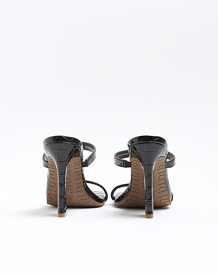 Brown patent croc embossed heeled sandals