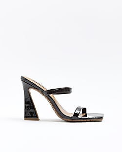Brown patent croc embossed heeled sandals