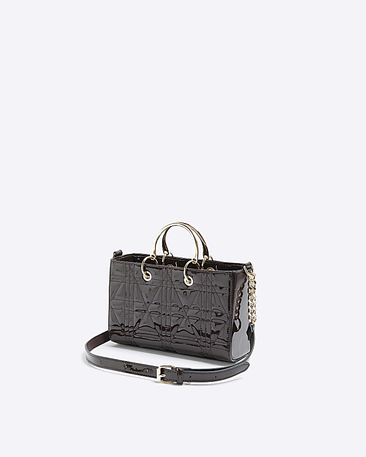 Brown patent studded tote bag | River Island