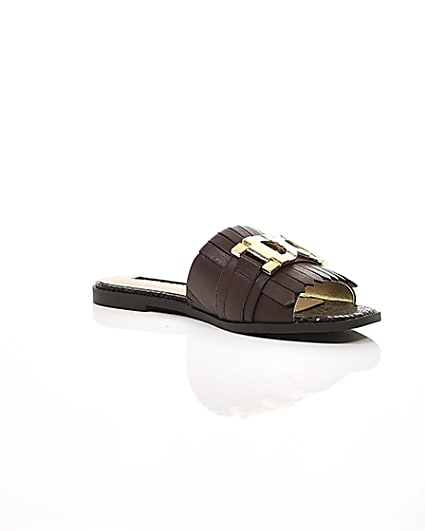 360 degree animation of product Brown peep toe backless loafers frame-7