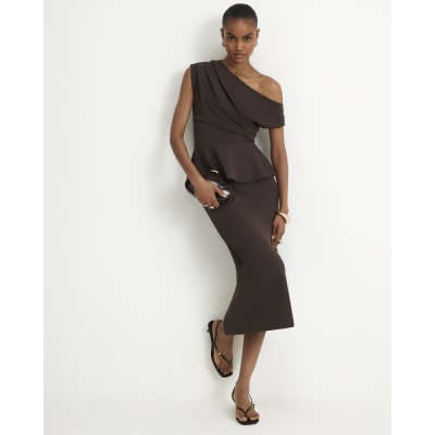 brown peplum dress Petite Midi Linen blend