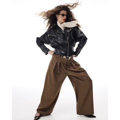 Brown Pinstripe Wide Leg Trousers