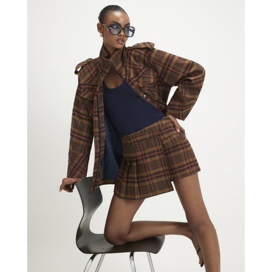 River Island Brown Pleat Detail Check Skort