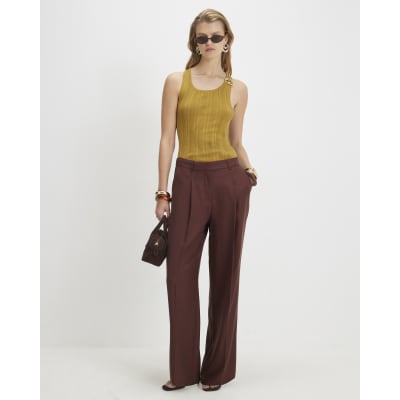 Brown Pleat Detail Wide Leg Trousers