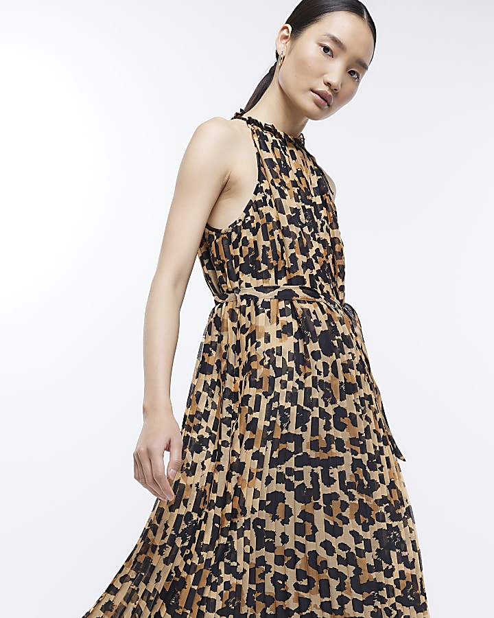 Brown Pleated Animal Print Midi Dress