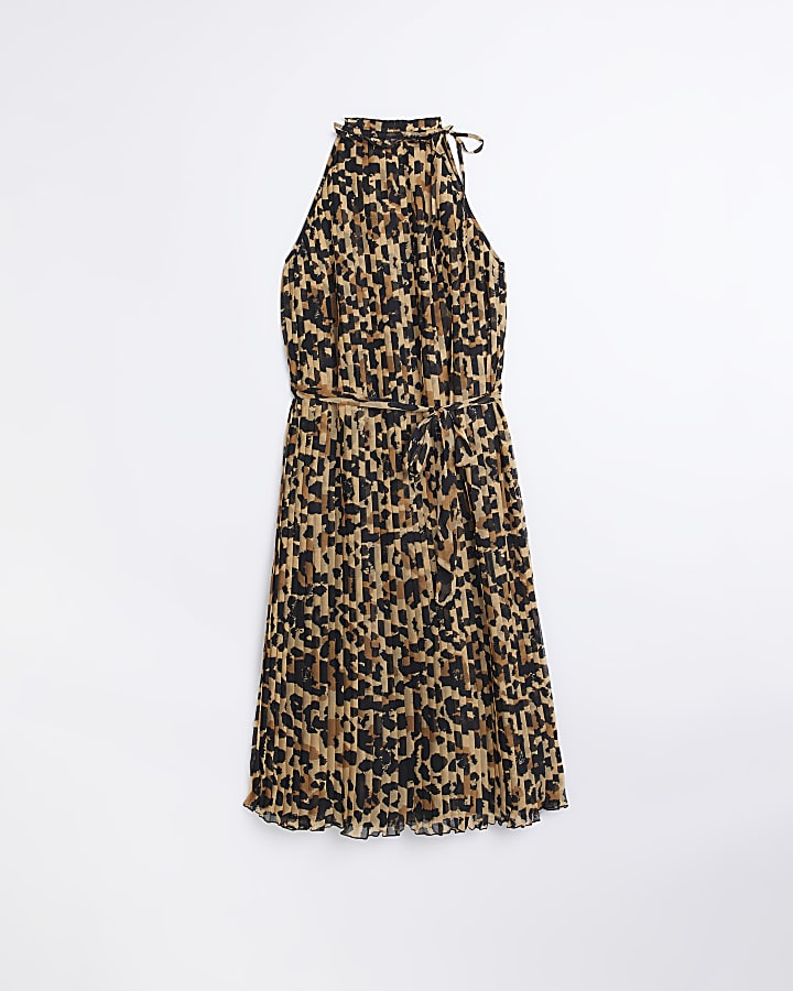 Brown Pleated Animal Print Midi Dress