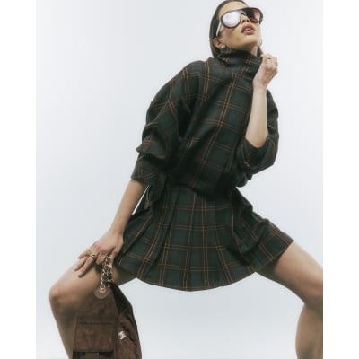 Brown Pleated Check Mini Skirt