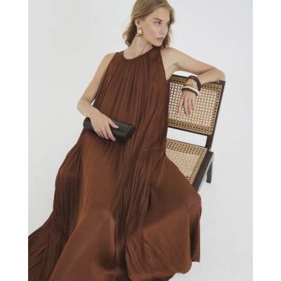Brown Pleated Maxi Dress