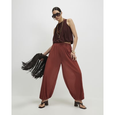 Brown Pleated Mesh Balloon Leg Trousers