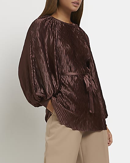 Brown pleated tie waist blouse