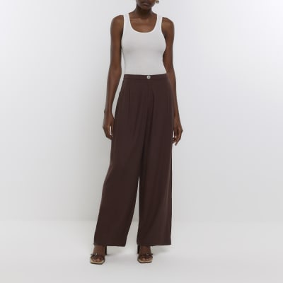 Brown Pleated Wide Leg Trousers With Linen River Island