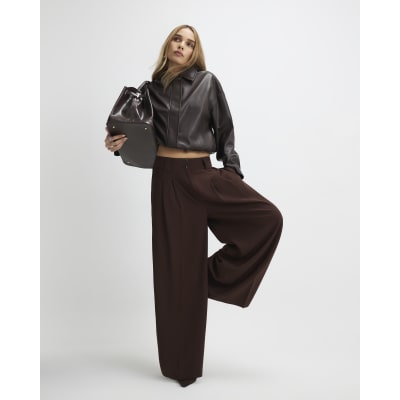 Brown Pleated Wide Leg Trousers