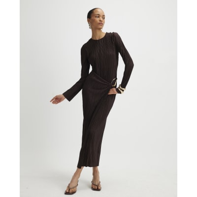 Brown Plisse Buckle Detail Midi Dress