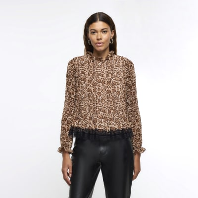 Brown plisse leopard print blouse | River Island