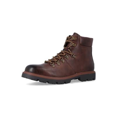 360 degree animation of product Brown polished hiker boots frame-1