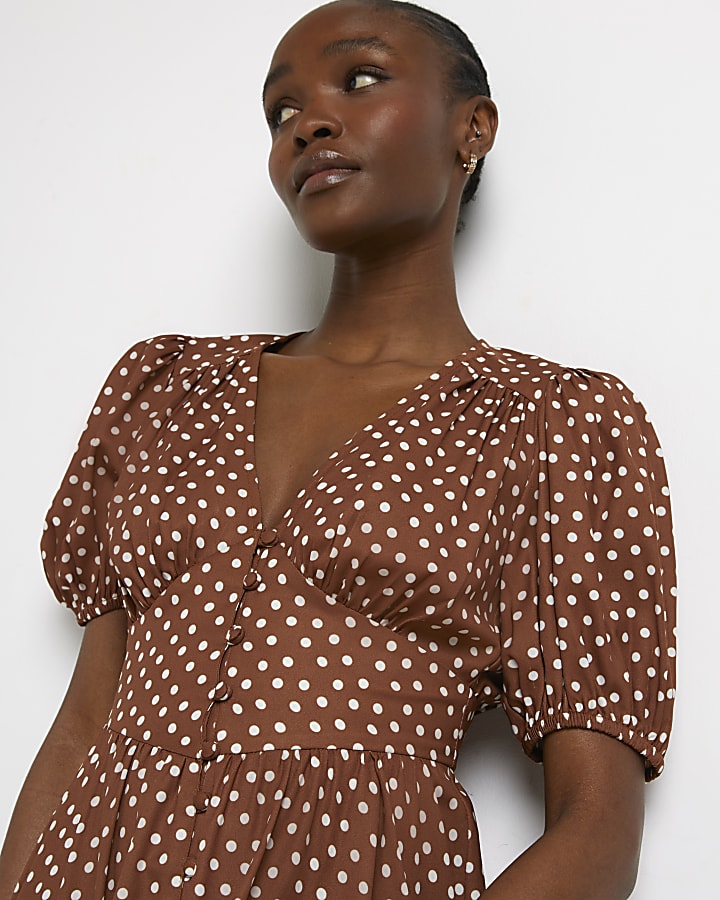 Brown polka dot midi shirt dress