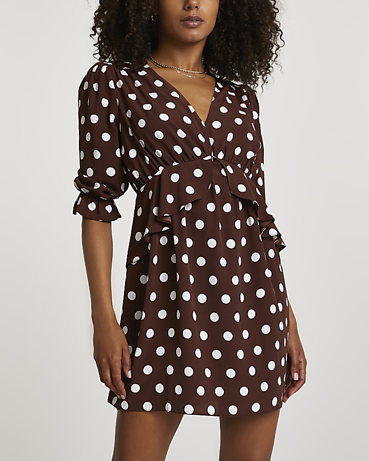 Brown polka dot mini dress | River Island