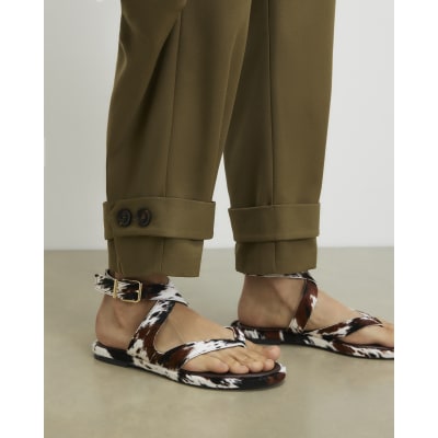 Brown Pony Hair Leather Cross Strap Sandals
