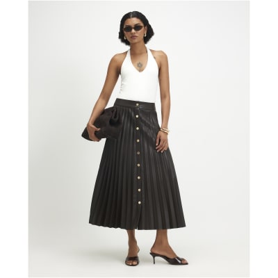 Popper Front Pleated Midi Skirt