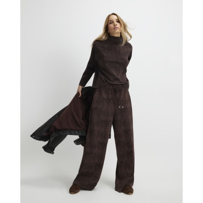 Brown Premium Crinkle Effect Wide Leg Joggers