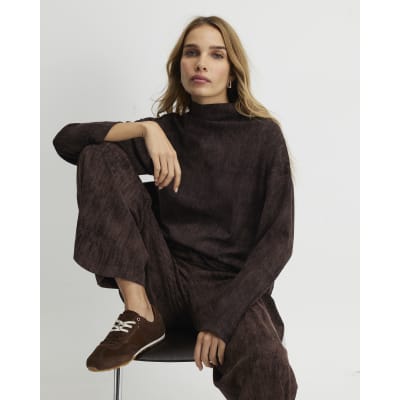 Brown Premium High Neck Crinkle Effect Top