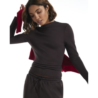 Brown Premium High Neck Ruched Top