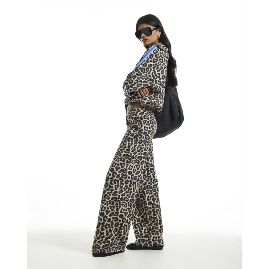 River Island Brown Premium Leopard Wide Leg Trousers