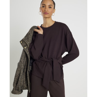 Brown Premium Long Sleeve Tie Front Top