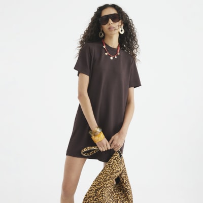 Brown Premium Short Sleeve Mini T-shirt Dress