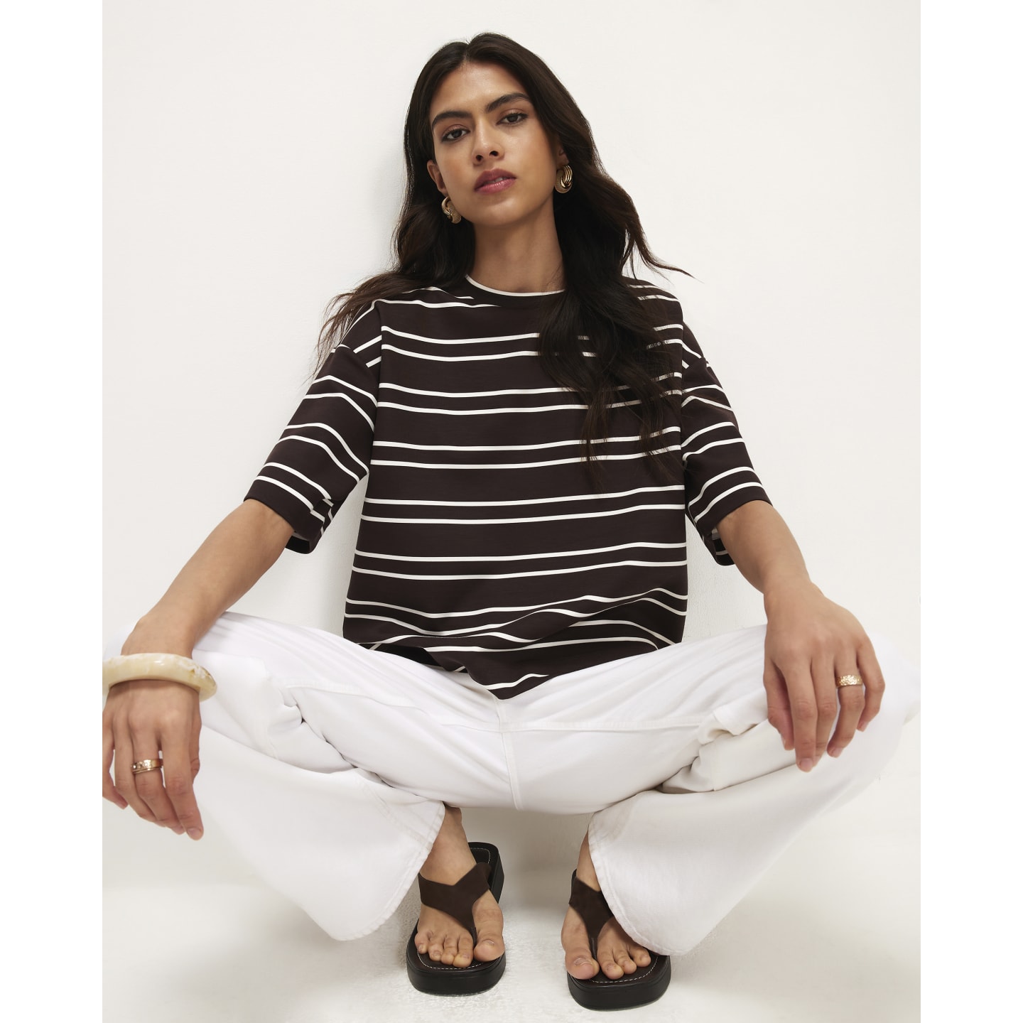 River Island Brown Premium Stripe Boxy Fit T-Shirt — photo 1 of 1