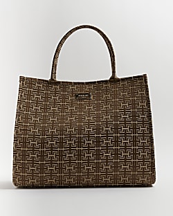 Brown print jacquard shopper bag