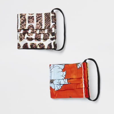 Brown printed face covering pack of 2