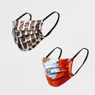 Brown printed face covering pack of 2