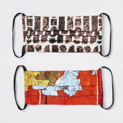 Brown printed face covering pack of 2