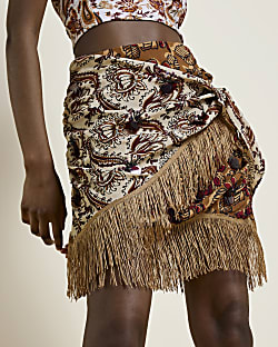 Brown printed fringe wrap mini skirt
