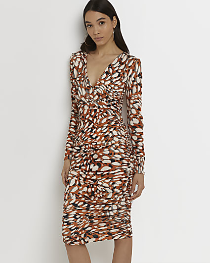 Brown printed ruched bodycon dress
