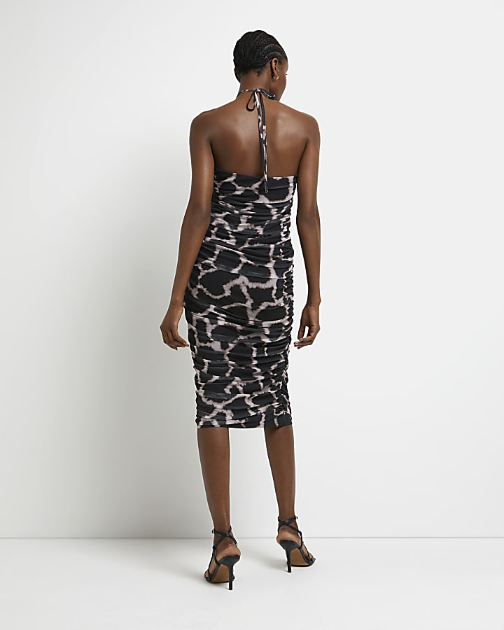 Brown printed ruched bodycon midi dress