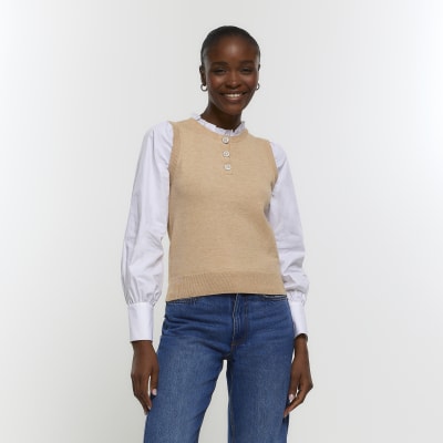 Brown puff sleeve hybrid top River Island