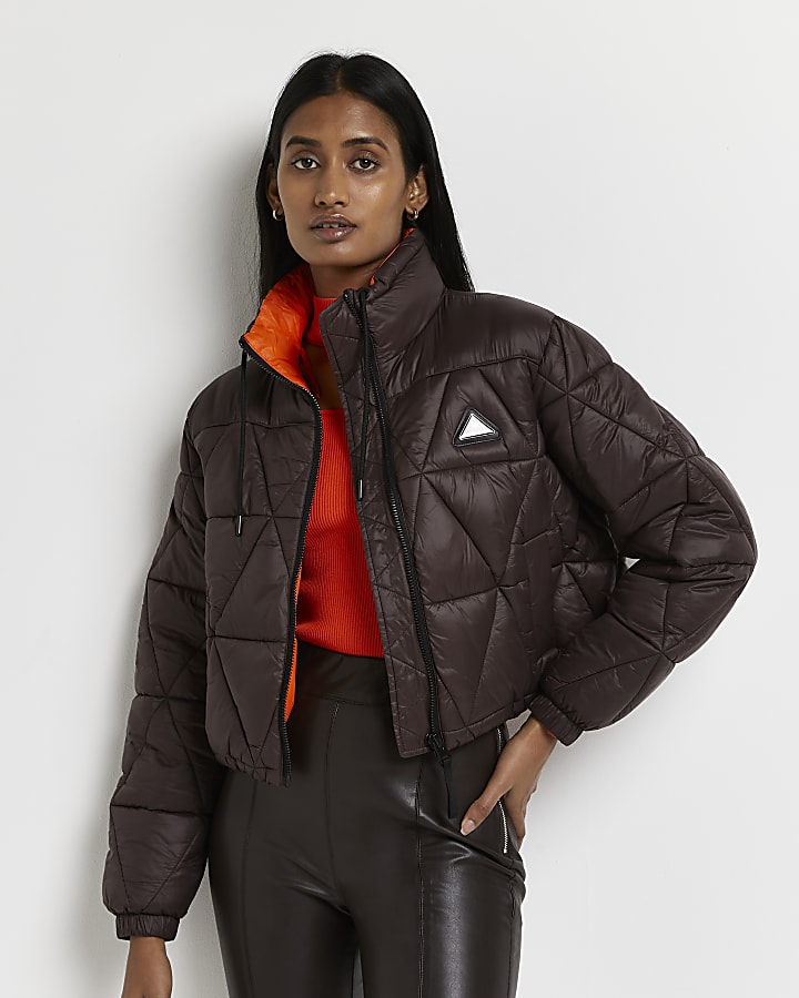 Brown quilted cropped puffer coat