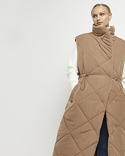 Brown quilted padded longline gilet