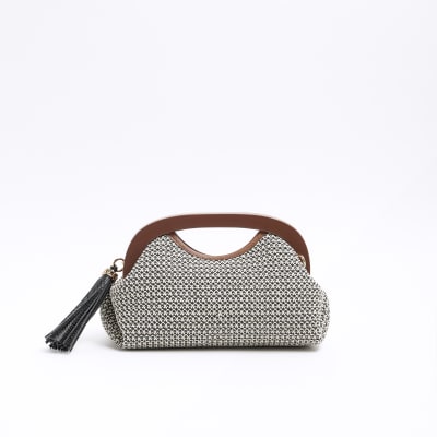 Brown raffia clutch bag River Island