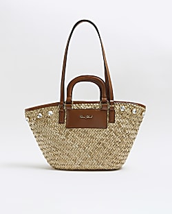 Brown raffia embellished basket bag