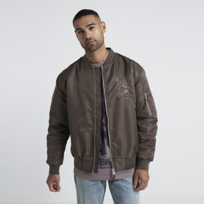 Brown regular embroidered MA1 bomber jacket River Island