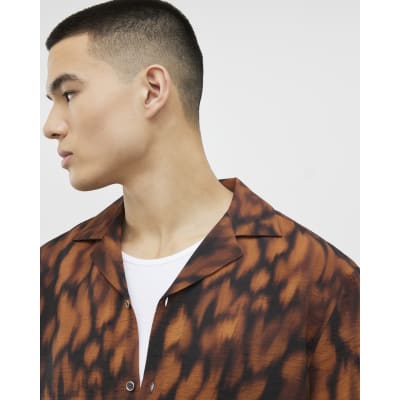 Brown Regular Fit Animal Print Revere Shirt