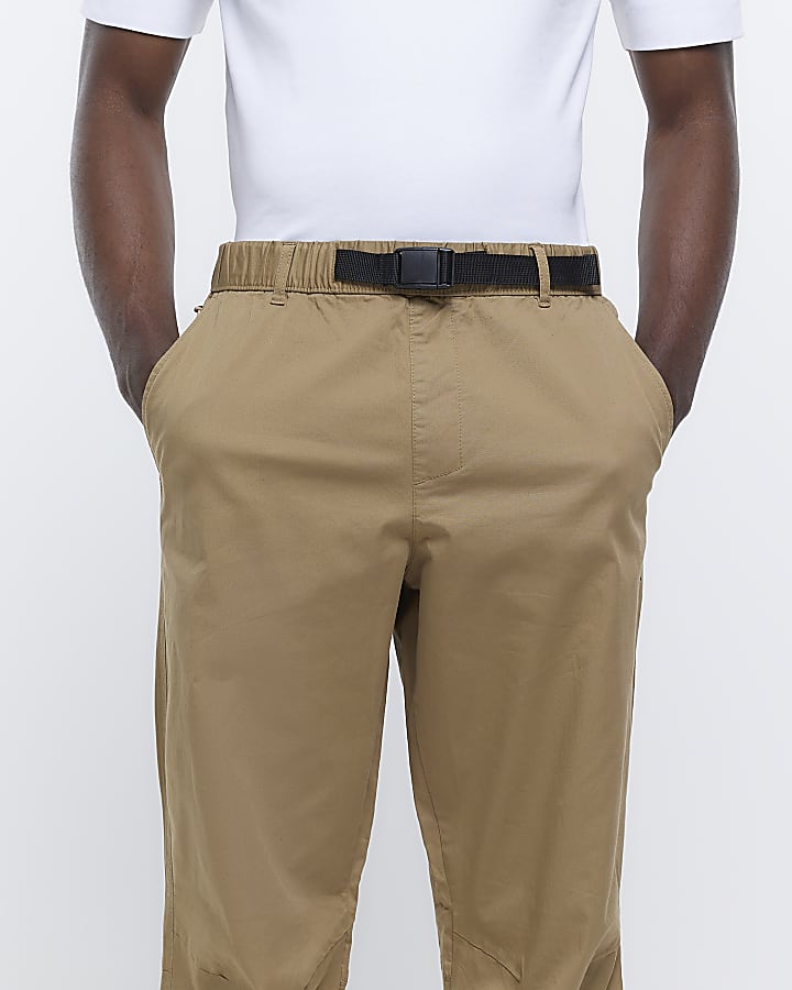 Brown regular fit belted cargo joggers