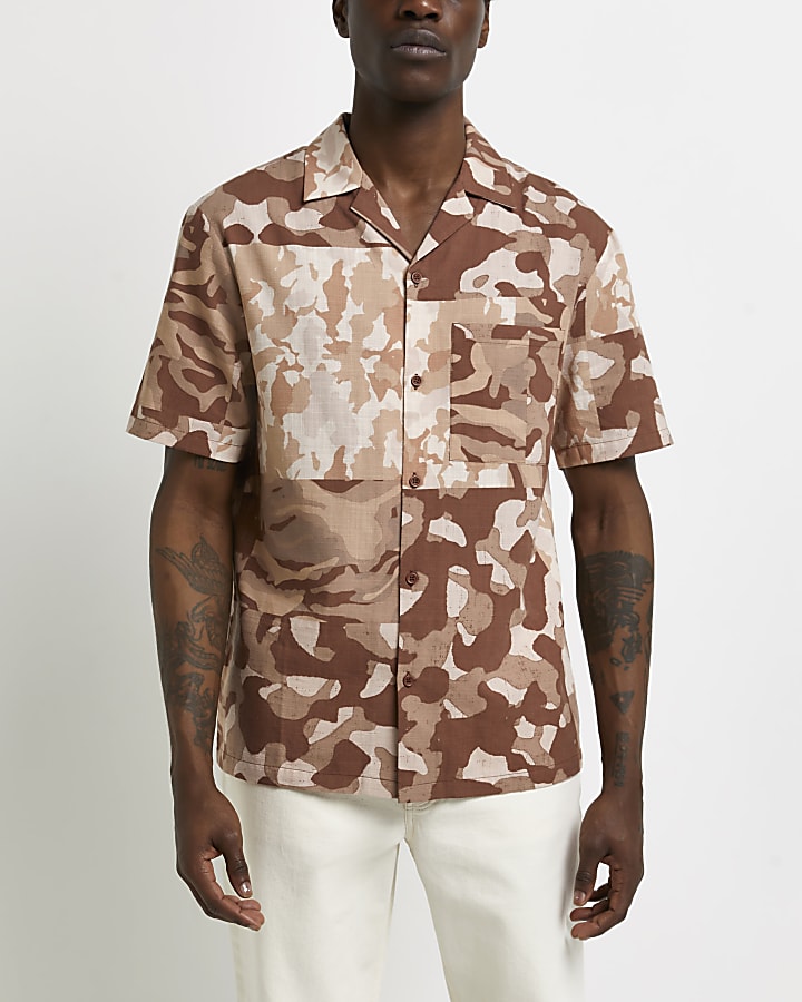 Brown regular fit camo print patchwork shirt